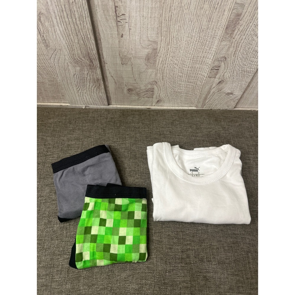 Puma White Undershirt & Minecraft 2 pk Briefs Set Green Pixel Gray Boys S 8